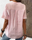 Women's Casual Striped Blouse – V Neck Button Front Short Sleeve Summer Top