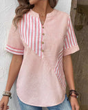 Women's Casual Striped Blouse – V Neck Button Front Short Sleeve Summer Top