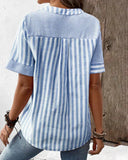 Women's Casual Striped Blouse – V Neck Button Front Short Sleeve Summer Top
