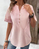Women's Casual Striped Blouse – V Neck Button Front Short Sleeve Summer Top