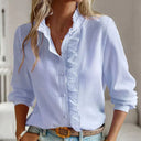 Women's Casual Textured Blouse – V Neck Button Front Long Sleeve Ruffle Top