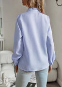 Women's Casual Textured Blouse – V Neck Button Front Long Sleeve Ruffle Top