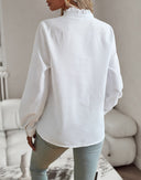 Women's Casual Textured Blouse – V Neck Button Front Long Sleeve Ruffle Top