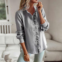 Women's Casual Textured Blouse – V Neck Button Front Long Sleeve Ruffle Top