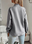 Women's Casual Textured Blouse – V Neck Button Front Long Sleeve Ruffle Top