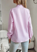 Women's Casual Textured Blouse – V Neck Button Front Long Sleeve Ruffle Top