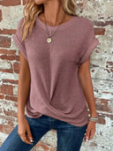 Women's Casual Waffle Knit Tee – Crew Neck Short Sleeve Summer Top