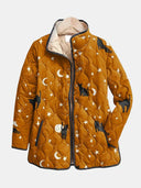 Women's Cat Star Moon Print Quilted Jacket – Stand Collar Contrast Trim Snap