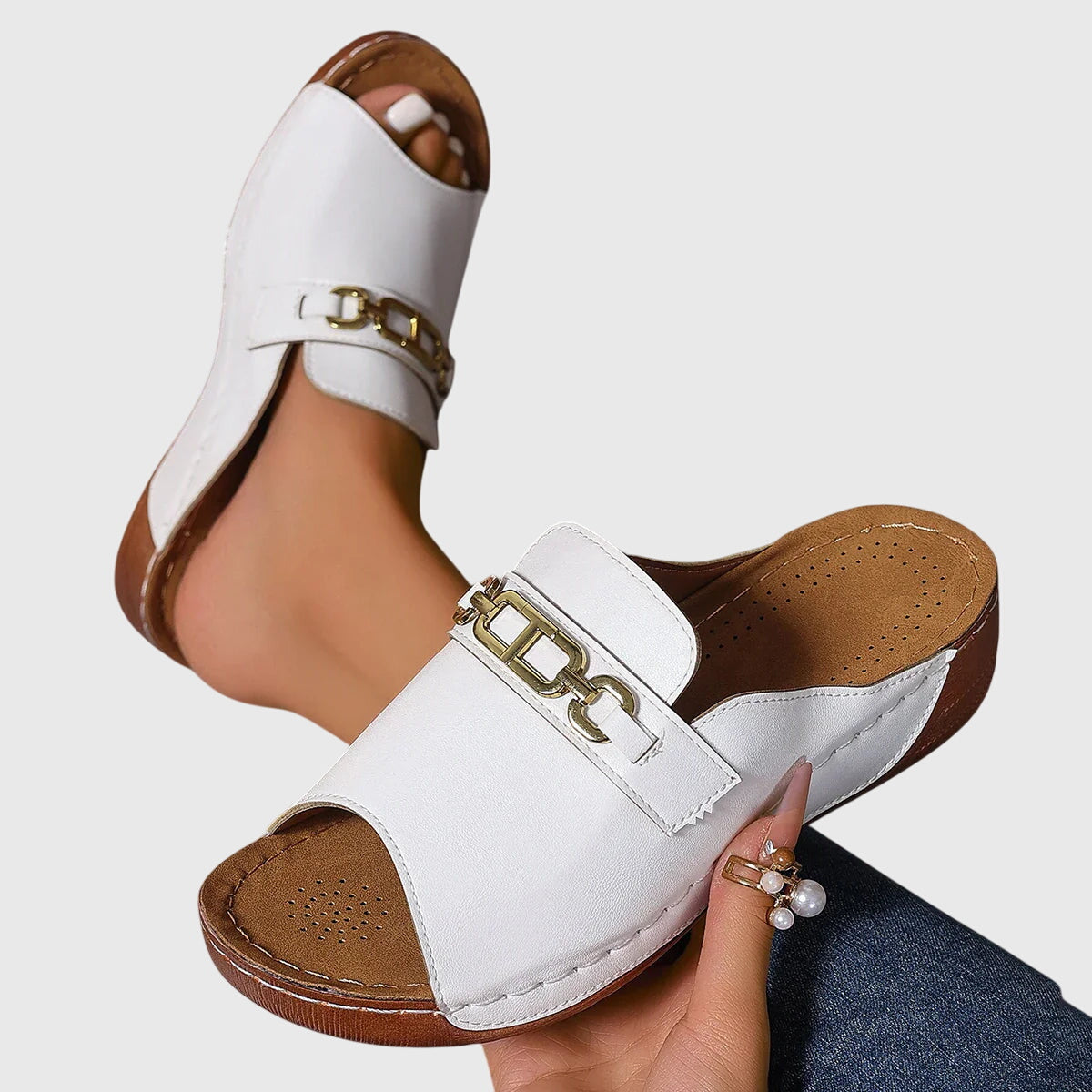 Women's Chain Hardware Wedge Slide Sandals – Open Toe Slip On Casual S ...
