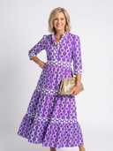 Women's Chain Print Midi Dress – 3/4 Sleeve Shirt Collar Tiered Summer
