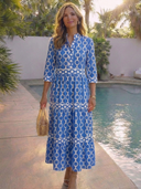 Women's Chain Print Midi Dress – 3/4 Sleeve Shirt Collar Tiered Summer