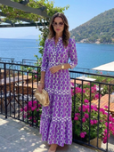 Women's Chain Print Midi Dress – 3/4 Sleeve Shirt Collar Tiered Summer