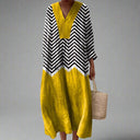 Women's Chevron Colorblock Midi – V Neck 3/4 Sleeve Casual Summer Dress
