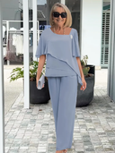 Women's Chiffon Layered Top Two Piece Set – Straight Pants Wedding Guest Outfit