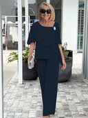 Women's Chiffon Layered Top Two Piece Set – Straight Pants Wedding Guest Outfit