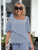 Women's Chiffon Layered Top Two Piece Set – Straight Pants Wedding Guest Outfit