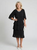 Women's Chiffon Tiered Midi Dress – Crew Neck Cape Sleeve Layered Wedding Guest Dress