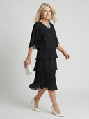 Women's Chiffon Tiered Midi Dress – Crew Neck Cape Sleeve Layered Wedding Guest Dress