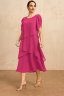 Women's Chiffon Tiered Midi Dress – Round Neck Short Sleeve Wedding Guest Dress