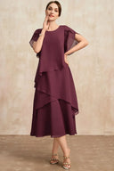 Women's Chiffon Tiered Midi Dress – Round Neck Short Sleeve Wedding Guest Dress