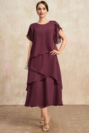 Women's Chiffon Tiered Midi Dress – Round Neck Short Sleeve Wedding Guest Dress