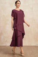 Women's Chiffon Tiered Midi Dress – Round Neck Short Sleeve Wedding Guest Dress