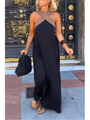 Women's Color Block Maxi Dress – Halter Neck Crossover Strap Sleeveless Evening Dress