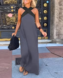 Women's Color Block Maxi Dress – Halter Neck Crossover Strap Sleeveless Evening Dress