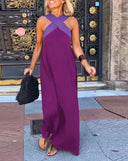 Women's Color Block Maxi Dress – Halter Neck Crossover Strap Sleeveless Evening Dress
