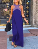Women's Color Block Maxi Dress – Halter Neck Crossover Strap Sleeveless Evening Dress
