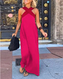 Women's Color Block Maxi Dress – Halter Neck Crossover Strap Sleeveless Evening Dress