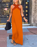 Women's Color Block Maxi Dress – Halter Neck Crossover Strap Sleeveless Evening Dress