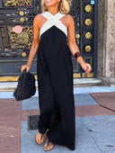Women's Color Block Maxi Dress – Halter Neck Crossover Strap Sleeveless Evening Dress