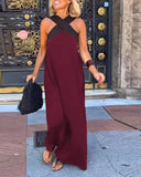 Women's Color Block Maxi Dress – Halter Neck Crossover Strap Sleeveless Evening Dress