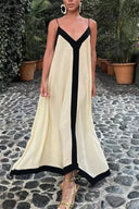 Women's Color Block Maxi Dress – V Neck Spaghetti Strap Contrast Trim Slip Dress