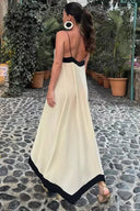 Women's Color Block Maxi Dress – V Neck Spaghetti Strap Contrast Trim Slip Dress