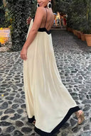Women's Color Block Maxi Dress – V Neck Spaghetti Strap Contrast Trim Slip Dress