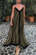 Women's Color Block Maxi Dress – V Neck Spaghetti Strap Contrast Trim Slip Dress