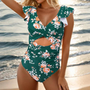 Women's Color Block One Piece Swimsuit – Ruffle Wrap V Neck Ruched Cut Out