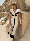 Women's Color Block Ruffle Two-Piece Set – V Neck Crop Top Maxi Skirt Summer