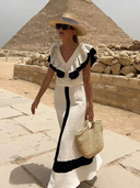 Women's Color Block Ruffle Two-Piece Set – V Neck Crop Top Maxi Skirt Summer