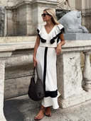Women's Color Block Ruffle Two-Piece Set – V Neck Crop Top Maxi Skirt Summer