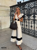 Women's Color Block Ruffle Two-Piece Set – V Neck Crop Top Maxi Skirt Summer