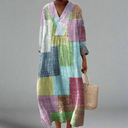 Women's Colorblock Patchwork Check Midi – V Neck 3/4 Sleeve Casual Summer Dress