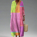 Women's Colorblock Polka Dot Stripe Midi – V Neck 3/4 Sleeve Casual Dress