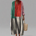 Women's Colorblock Stripe Midi – V Neck Long Sleeve Gathered Waist Casual Dress