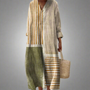Women's Colorblock Stripe Patchwork Midi – V Neck 3/4 Sleeve Casual Summer Dress