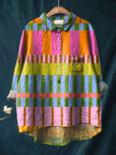 Women's Colorful Grid Stripe Print Blouse – Collared Long Sleeve Casual Everyday Button Top