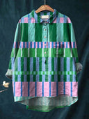 Women's Colorful Grid Stripe Print Blouse – Collared Long Sleeve Casual Everyday Button Top