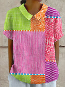 Women's Colorful Patchwork Print Top – Collared Short Sleeve Casual Everyday Shirt